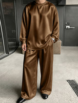 [Pre-order] Men's Smart Luxury Daily Lounging Glossy Satin Crewneck Two Pieces Outfit SKUL86940
