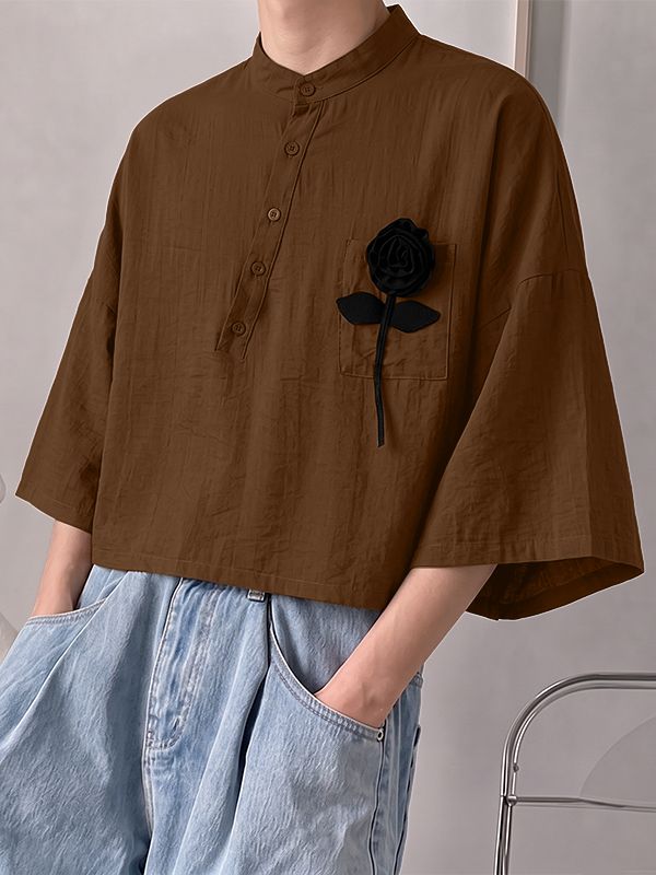 Men's Neo-Chinese Romantic Art Exhibition 3D Rose Flower Mandarin Collar Cropped Shirt SKUL85968