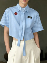 Men's 3D Floral Necktie Cropped Pinstripe Short Sleeve Shirt SKUL55375