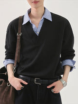 Men's Stripe Contrast Collar Long Sleeve Shirt SKUL29545