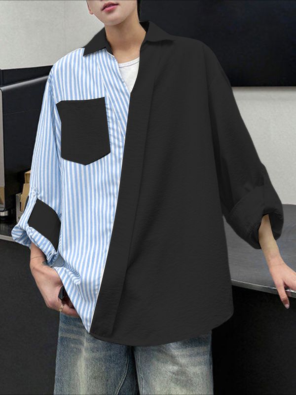 Men's Striped Contrast Color Asymmetrical Long Sleeve Shirt SKUL46425