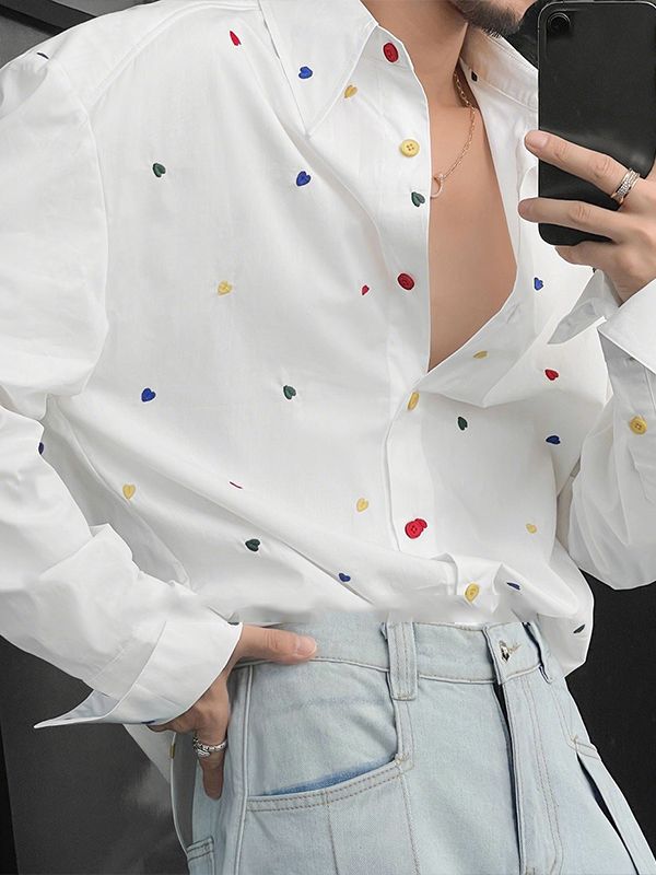 Men's Heart Embroidered Long Sleeve Shirt SKUL29650