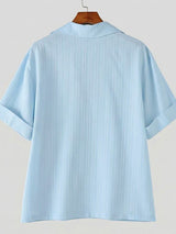 Men's Vintage Resort Vertical Stripe Crinkled Deep V-Neck Short Sleeve Shirt SKUL64174