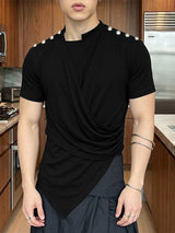 Men's Avant-garde Fashion Draped Metal Button Asymmetric Short Sleeve T-shirt SKUL66864