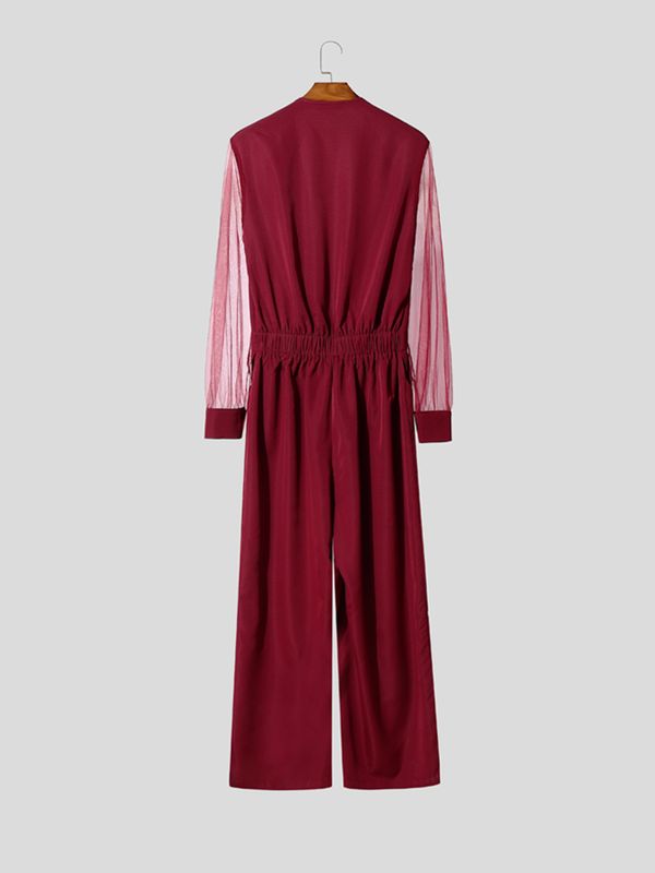 Men's Ribbon Design Sheer Mesh Long Sleeve Jumpsuit SKUL53285