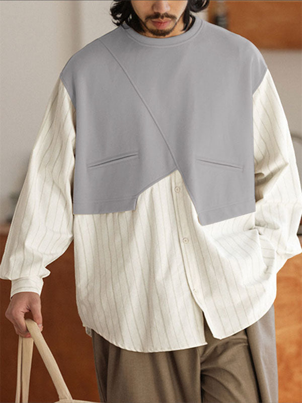 Men's Faux Two-Piece Striped Long Sleeve Shirt SKUL28317