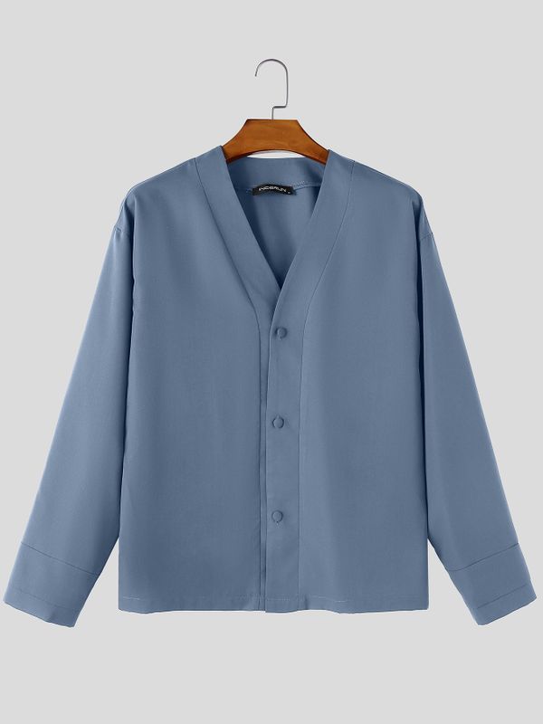 Men's Urban Casual Collarless Deep-V Snap Button Long Sleeve Shirt SKUL79088