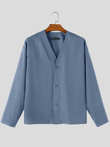Men's Urban Casual Collarless Deep-V Snap Button Long Sleeve Shirt SKUL79088