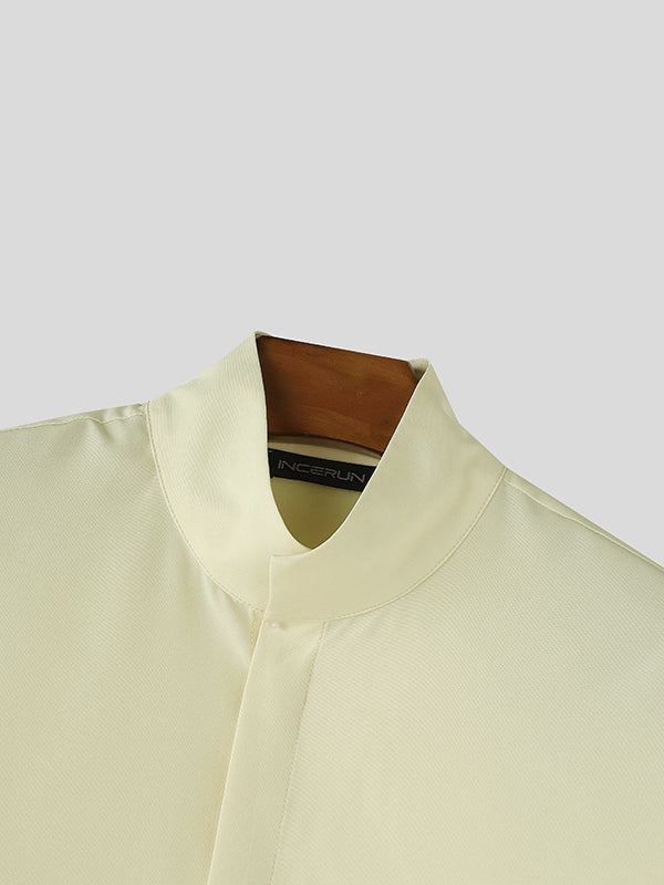 Men's Stand Collar Hidden Placket Oversized Kimono Short Sleeve Shirt SKUL70239