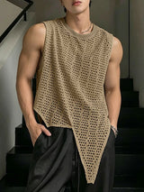 Men's Avant-Garde Asymmetric Sharp Pointed Hem Eyelet Crochet Mesh Knit Tank SKUL71310