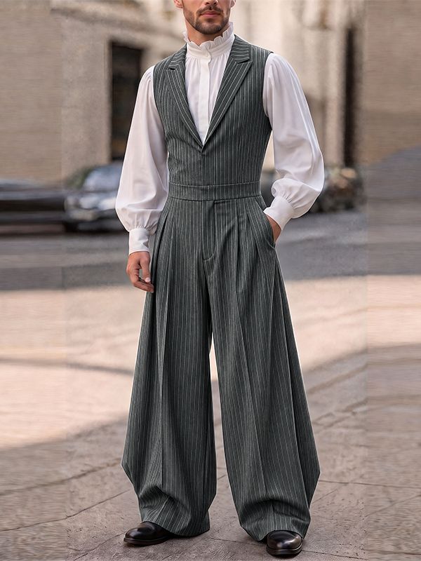 Men's Victorian Vintage Stage Performance Pinstripe Lapel Vest Pleated Wide-Leg Jumpsuit SKUL84568