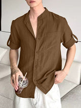Men's Vintage Japanese Style Relaxed Stand Collar Shirt SKUL75418