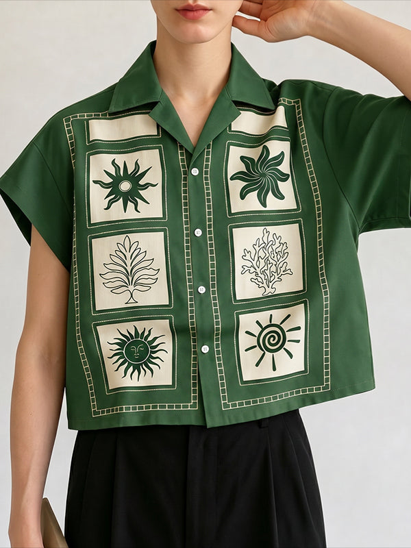 Men's Resort Hand-Drawn Sun & Palm Tree Print Cuban Collar Short Sleeve Shirt SKUL73628