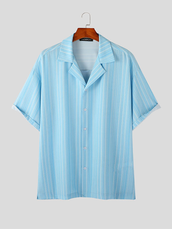 Mens Striped Revere Collar Short Sleeve Shirt SKUK08637