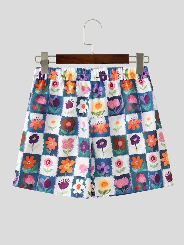 Men's Checkered Floral Print Ruffled Detail Elastic Waist Casual Short SKUL59798