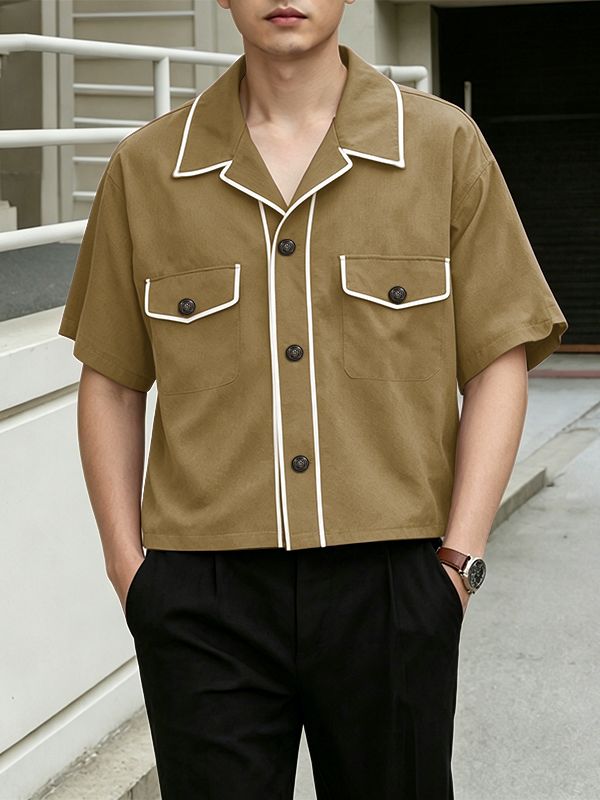 Men's Retro Camp Collar Piping Detail Boxy Short Sleeve Shirt SKUL60610