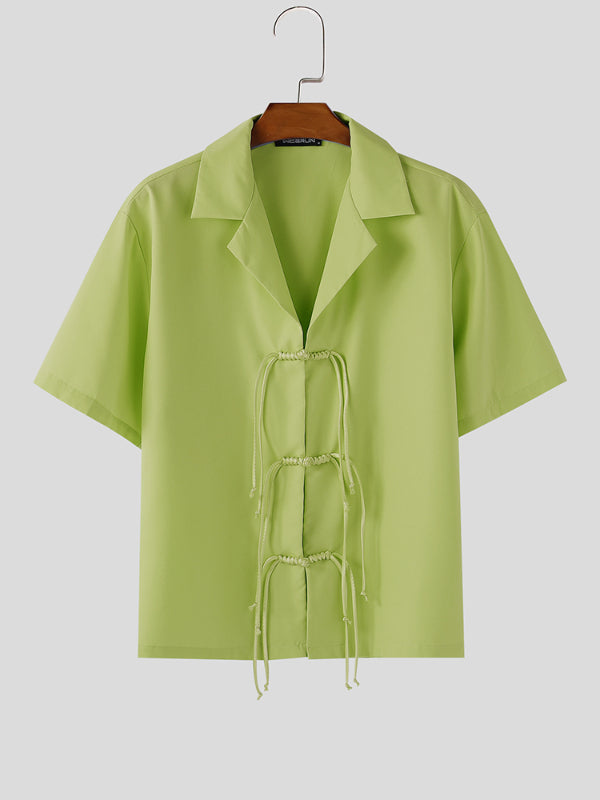 Mens Solid Color Lace-Up Short Sleeve Shirt SKUL09336