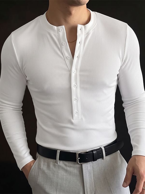 Men's Smart Chic Daily Commute Multi-Button Stand Collar Textured Slim T-shirt SKUL84625