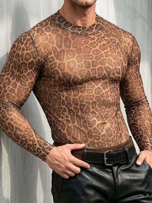 Men's Sexy Clubwear Sheer Leopard Pattern Second Skin Muscle Fit Long Sleeve Crew Neck T-shirt SKUL82464