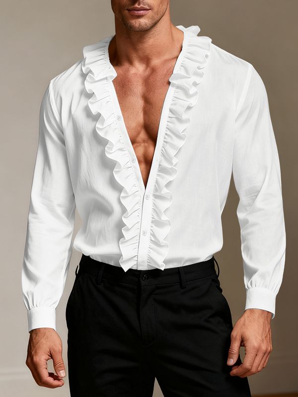 Men's Solid Color Ruffle V-Neck Long Sleeve Shirt SKUL50528