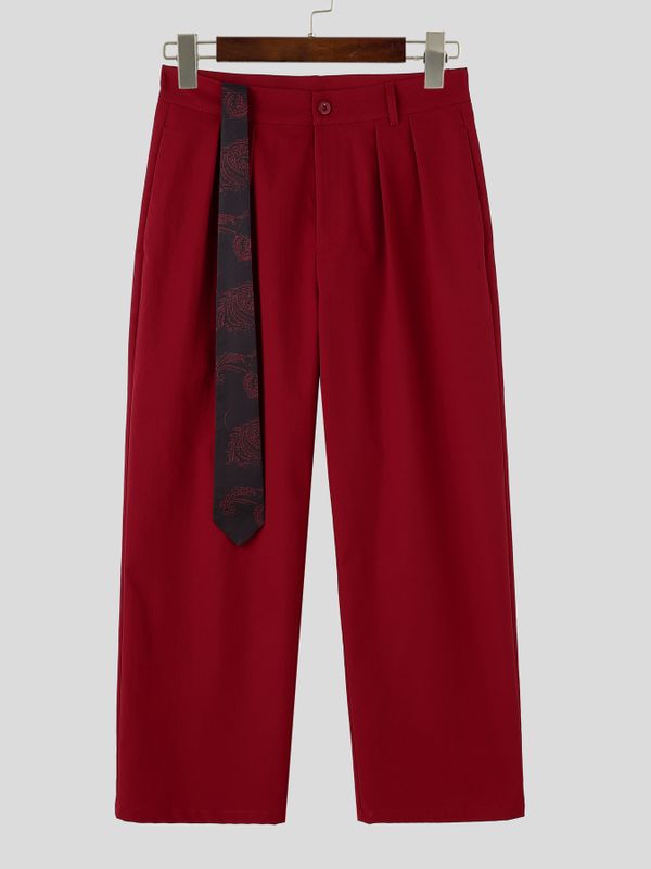 Men's Clean Fit Retro Paisley Streamer Belt Double Pleated Front Full Length Wide Leg Pant SKUL82404