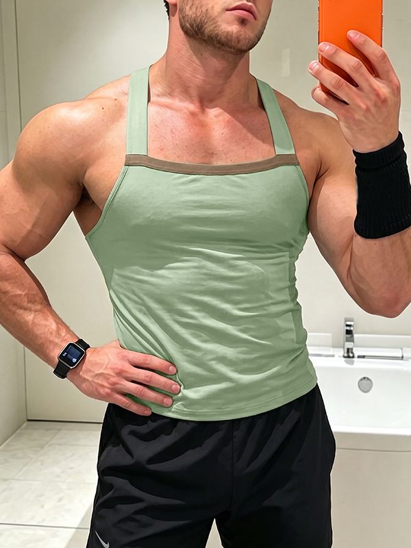 Men's Athletic Contrast Binding Square Neck Muscle Fit Tank SKUL71388