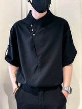 Men's Avant-Garde Neo-Chinese Asymmetric Drape-Collar Drop-Shoulder Roll-Up Sleeve Shirt SKUL75818