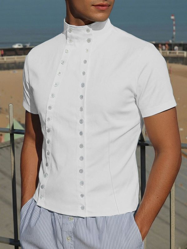 Men's Deconstructed Double Placket Button Short Sleeve Shirt SKUL59792