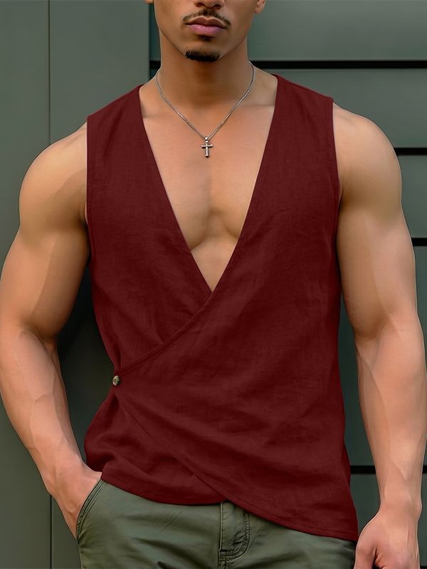 Men's Avant-Garde Asymmetric Wrap Deep V-Neck Muscle Tank SKUL68369