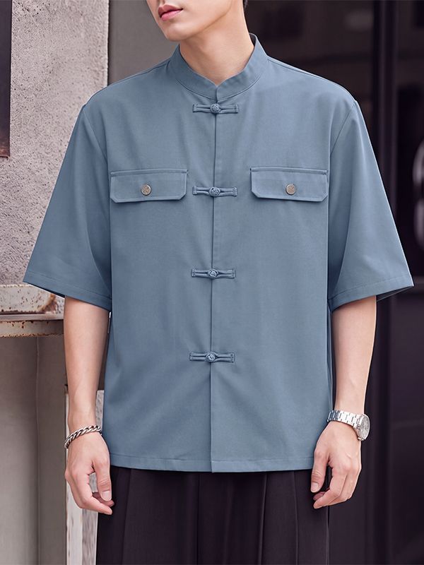 Men's Neo-Traditional Zen Utility Frog-Button Boxy Shirt SKUL79948