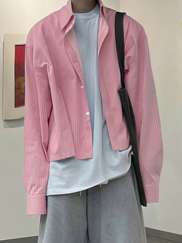 Men's Striped Lapel Cropped Long Sleeve Shirt SKUL31660