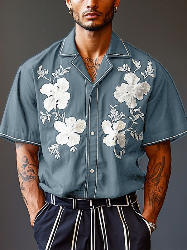 Mens Floral Print Cuban Collar Short Sleeve Shirt SKUL16858