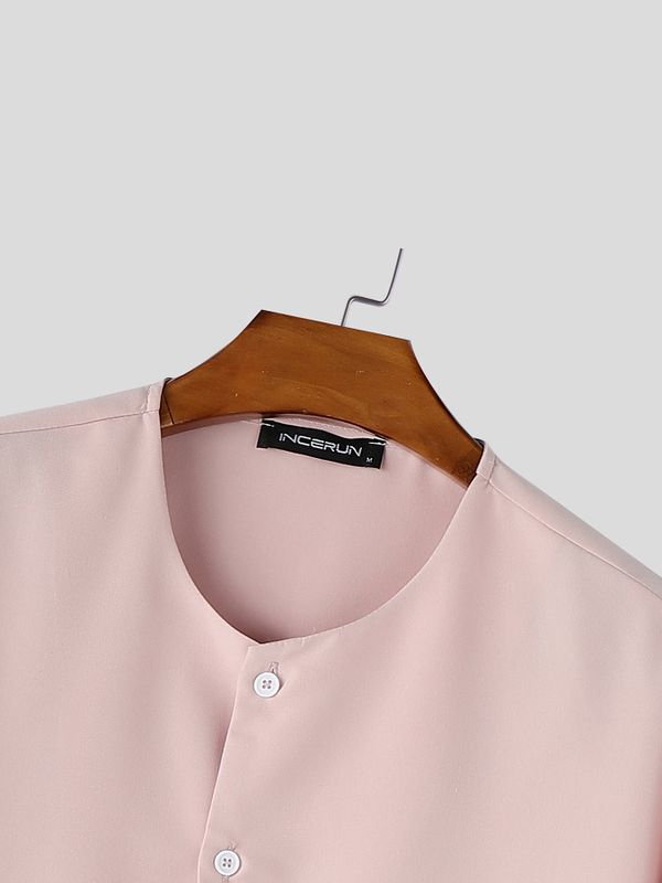 Men's Minimalist Button-Front Collarless Boxy Short Sleeve Shirt SKUL60145