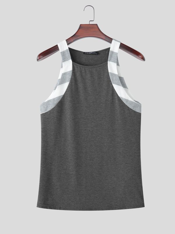 Men's Vintage Casual Checkered Panel Fitted Muscle Tank SKUL68341