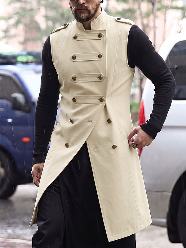 Men's Avant-Garde Victorian Military Longline Sleeveless Trench Waistcoat SKUL79527