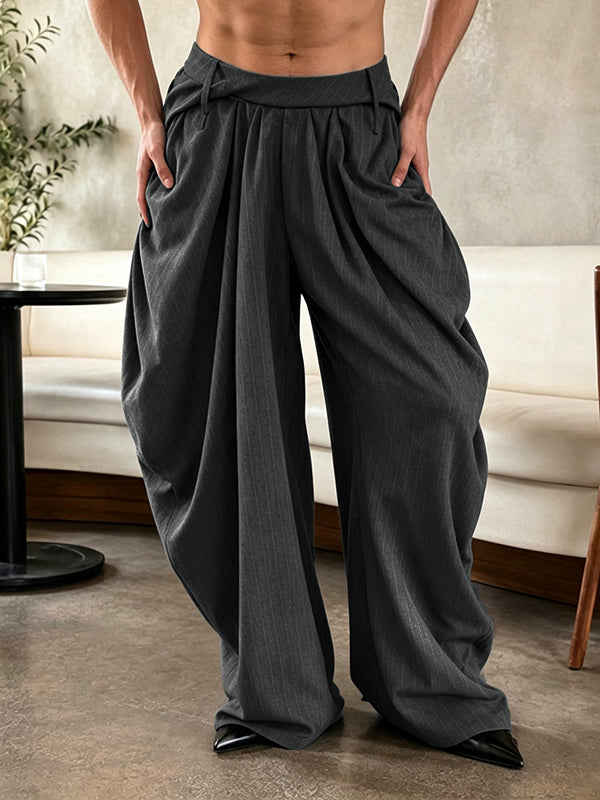 Men's Avant-Garde Pinstripe Deep-Pleated Lantern Silhouette Drop-Crotch Pant SKUL79741