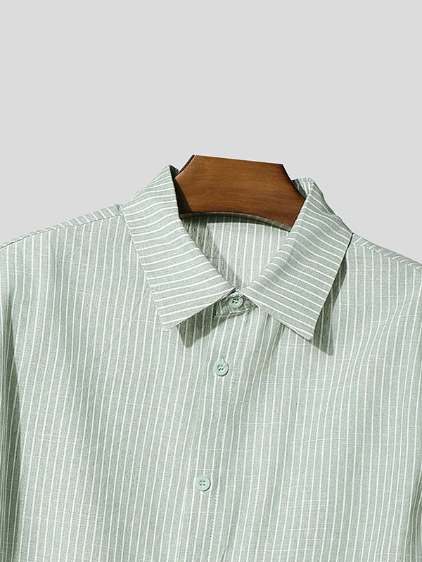 Men's Vertical Pinstripe Mesh Patchwork Layered Design Fishnet Sleeve Shirt SKUL54010