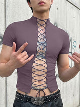 Men's Avant-Garde Full Lace-Up Front Slim Fit Mock Neck Short Sleeve T-shirt SKUL56149