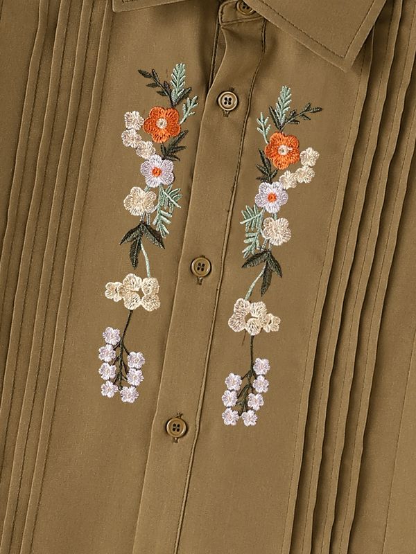 Men's Early Autumn Urban Casual Embroidered Pleated Cropped Long Sleeve Turn-Down Collar Shirt SKUL78974