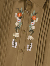 Men's Early Autumn Urban Casual Embroidered Pleated Cropped Long Sleeve Turn-Down Collar Shirt SKUL78974