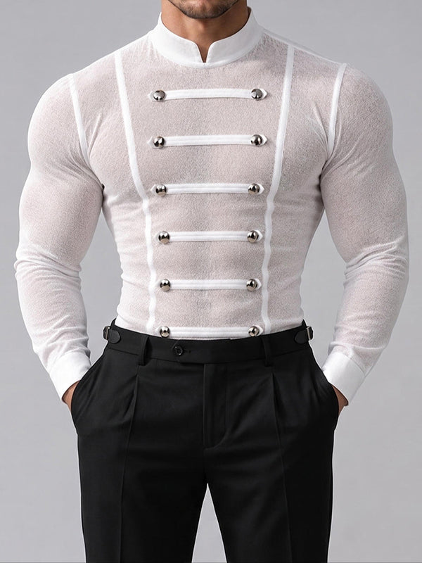 [Pre-order] Men's Avant-Garde Dandy Nightclub Party Semi-Sheer Knit Form-Fitting T-shirt SKUL88498