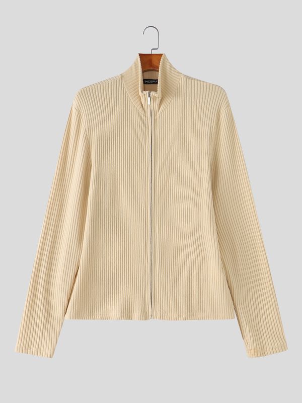 Men's Early Autumn Urban Casual Full Zip Ribbed Long Sleeve Stand Collar Cardigan SKUL79623