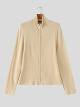 Men's Early Autumn Urban Casual Full Zip Ribbed Long Sleeve Stand Collar Cardigan SKUL79623