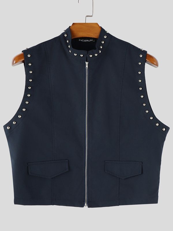Men's Punk Rock Studded Crop Zipper Waistcoat SKUL63109