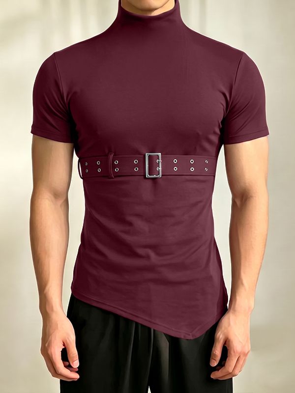 Men's Avant Garde Darkwear Harness Strap Asymmetrical Mock Neck Short Sleeve T-shirt SKUL64161