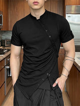 Men's Avant-Garde Asymmetric Diagonal Button Ruched Mock Neck Short Sleeve T-shirt SKUL66872