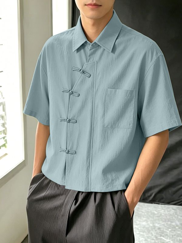 Men's Modern Zen Asymmetrical Slant-Placket Frog-Button Shirt SKUL58777