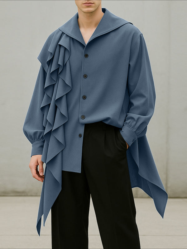 Men's Solid Color Ruffled Patchwork Long Sleeve Shirt SKUL35019