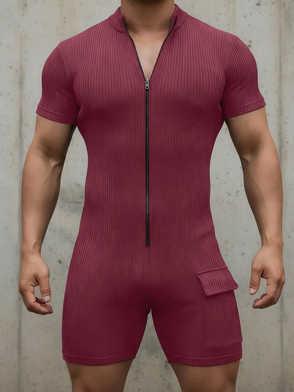 Men's Solid Color Textured Zipper Short Sleeve Bodysuit SKUL48695