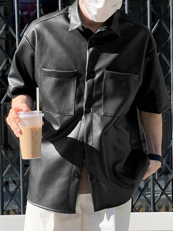 Mens Faux Leather Double Pocket Short Sleeve Shirt SKUL00890